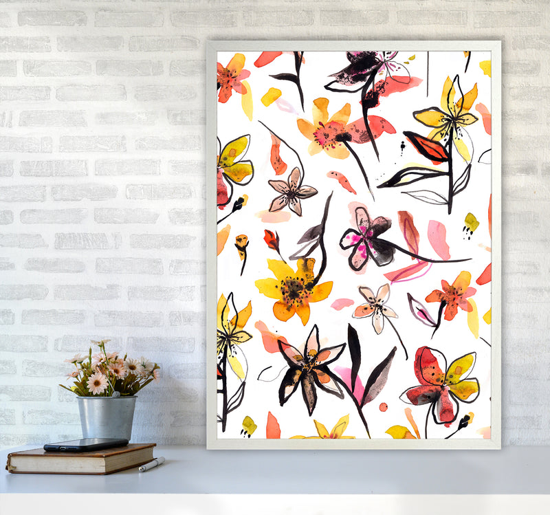 Ink Flowers Yellow Abstract Art Print by Ninola Design A1 Oak Frame
