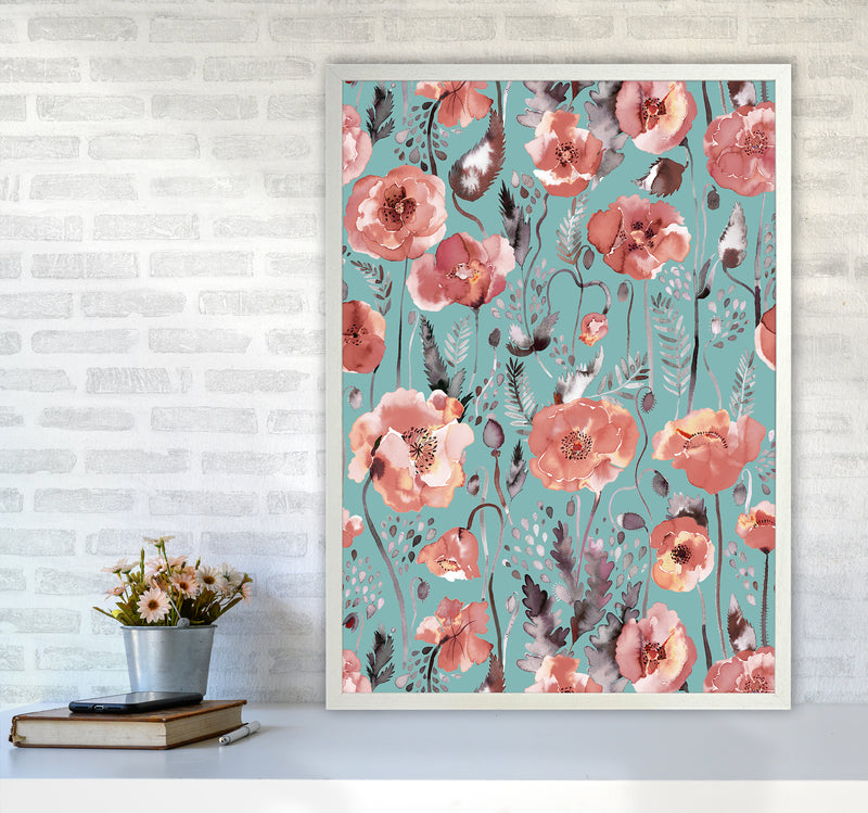 Poppies Red Green Abstract Art Print by Ninola Design A1 Oak Frame