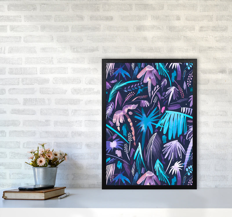 Brushstrokes Tropical Palms Navy Abstract Art Print by Ninola Design A2 White Frame