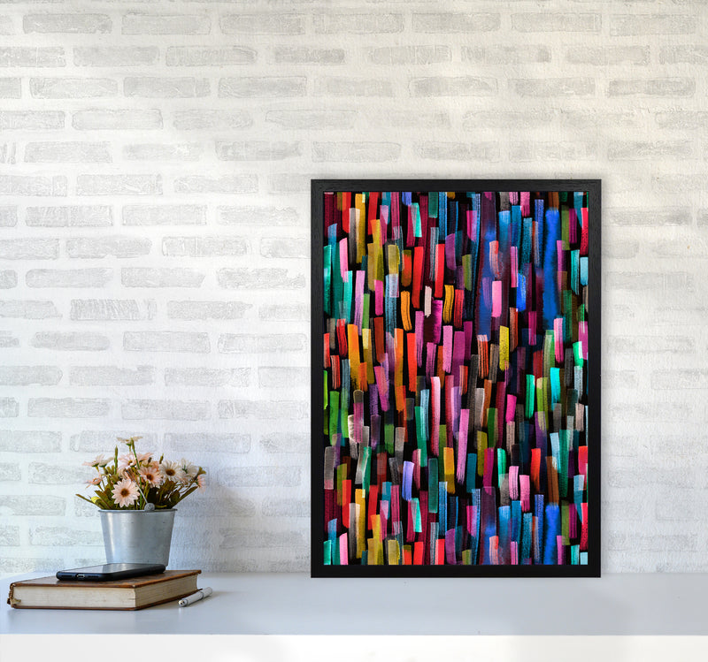 Colorful Brushstrokes Black Abstract Art Print by Ninola Design A2 White Frame