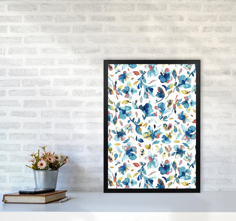 Watery Hibiscus Blue Gold Abstract Art Print by Ninola Design A2 White Frame