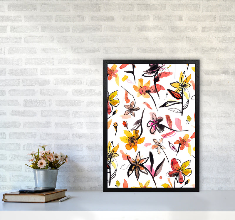 Ink Flowers Yellow Abstract Art Print by Ninola Design A2 White Frame