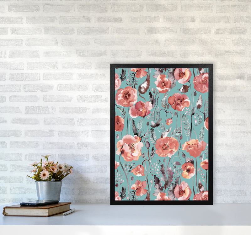 Poppies Red Green Abstract Art Print by Ninola Design A2 White Frame