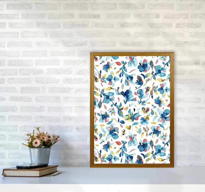 Watery Hibiscus Blue Gold Abstract Art Print by Ninola Design A2 Print Only
