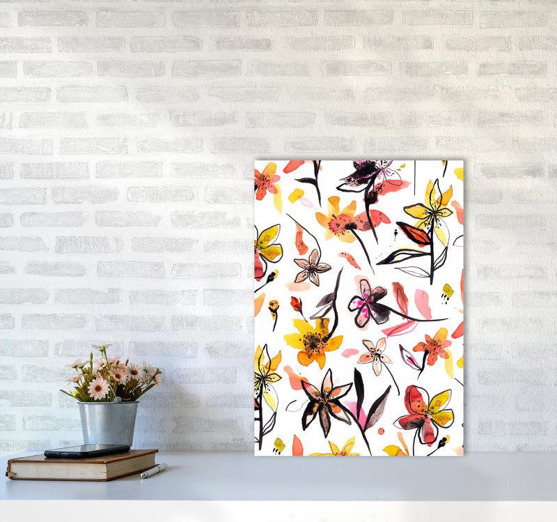 Ink Flowers Yellow Abstract Art Print by Ninola Design A2 Black Frame