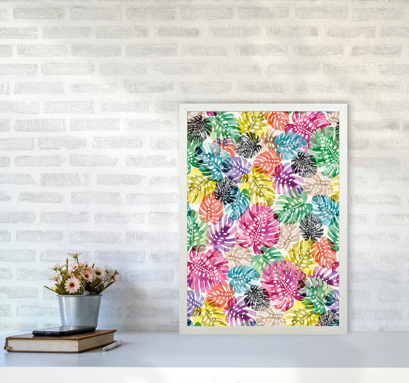 Tropical Monstera Leaves Multicolored Abstract Art Print by Ninola Design A2 Oak Frame