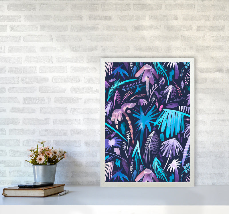 Brushstrokes Tropical Palms Navy Abstract Art Print by Ninola Design A2 Oak Frame