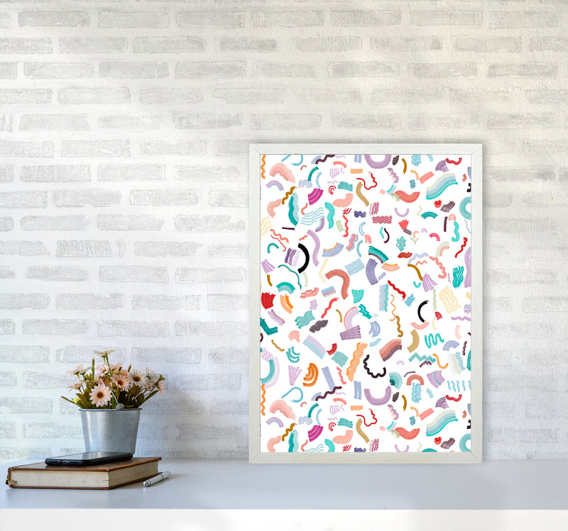 Curly and Zigzag Stripes White Abstract Art Print by Ninola Design A2 Oak Frame