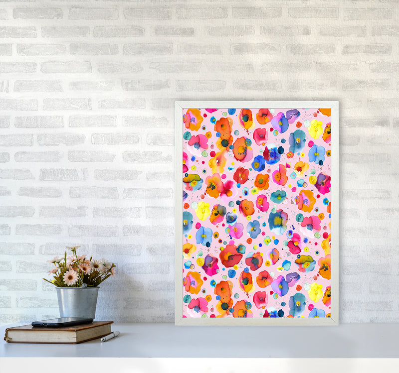 Bohemian Naive Flowers Pink Abstract Art Print by Ninola Design A2 Oak Frame