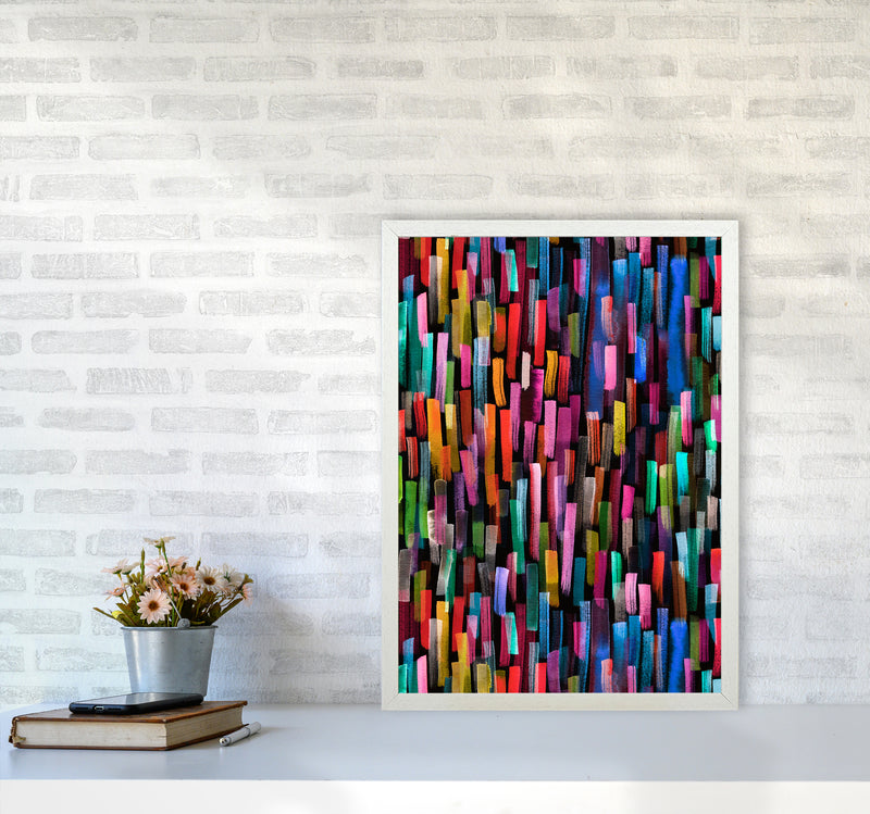 Colorful Brushstrokes Black Abstract Art Print by Ninola Design A2 Oak Frame