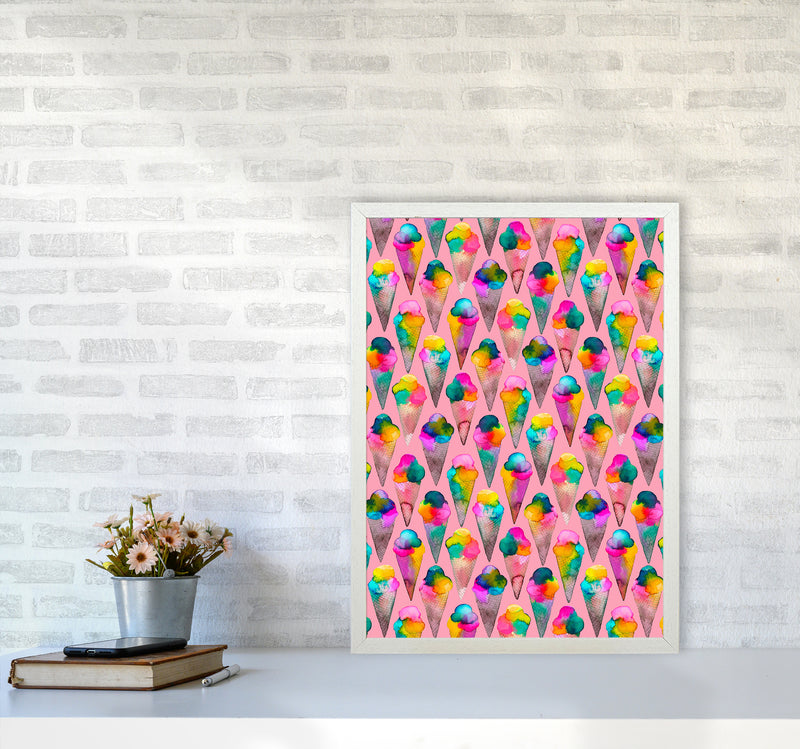 Cute Ice Creams Kids Pink Abstract Art Print by Ninola Design A2 Oak Frame