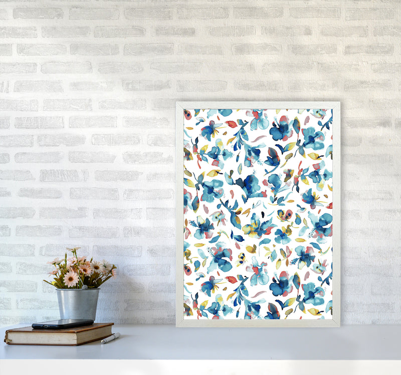 Watery Hibiscus Blue Gold Abstract Art Print by Ninola Design A2 Oak Frame