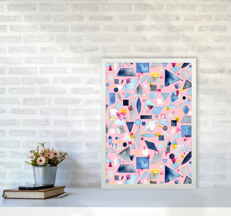 Geometric Pieces Pink Abstract Art Print by Ninola Design A2 Oak Frame