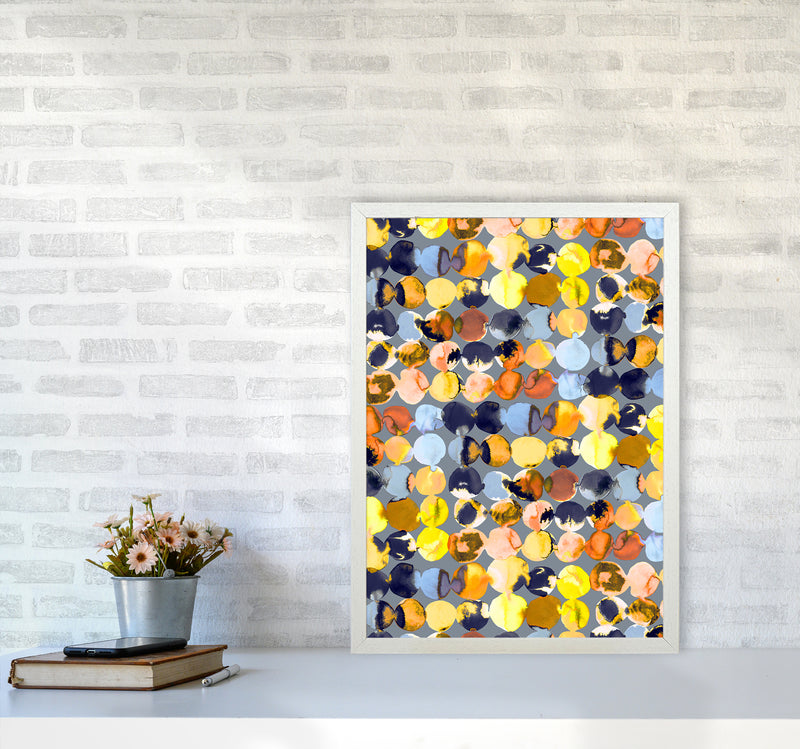 Ink Dots Blue Yellow Abstract Art Print by Ninola Design A2 Oak Frame