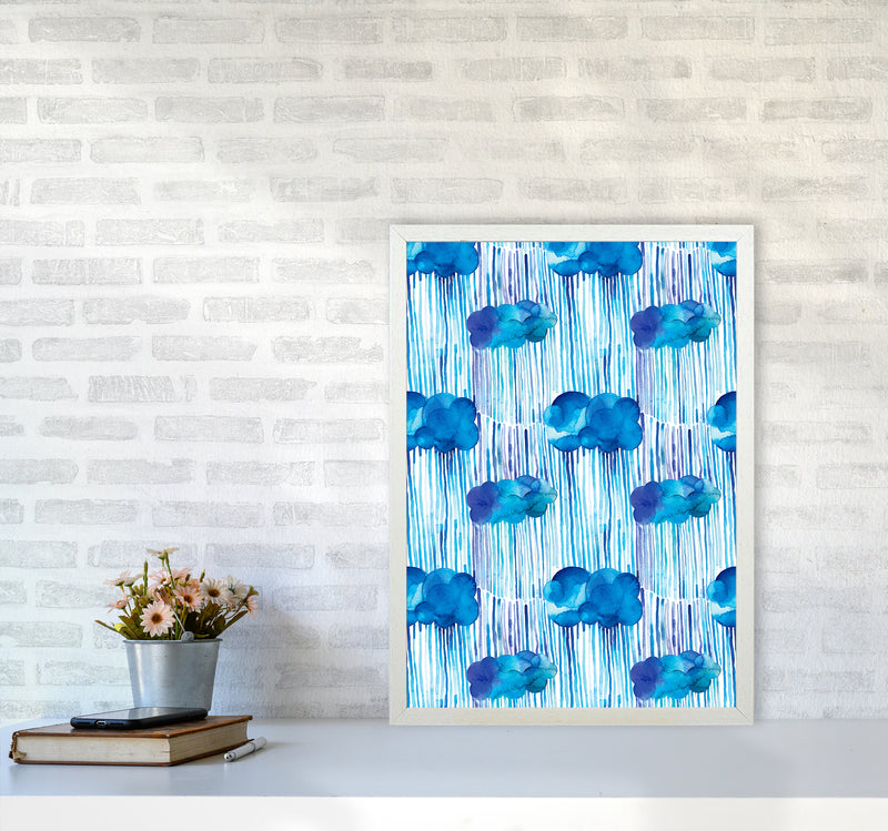 Raining Clouds Blue Abstract Art Print by Ninola Design A2 Oak Frame
