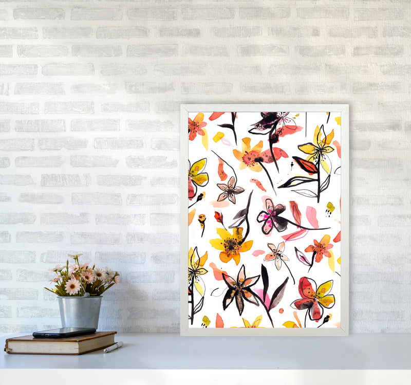 Ink Flowers Yellow Abstract Art Print by Ninola Design A2 Oak Frame