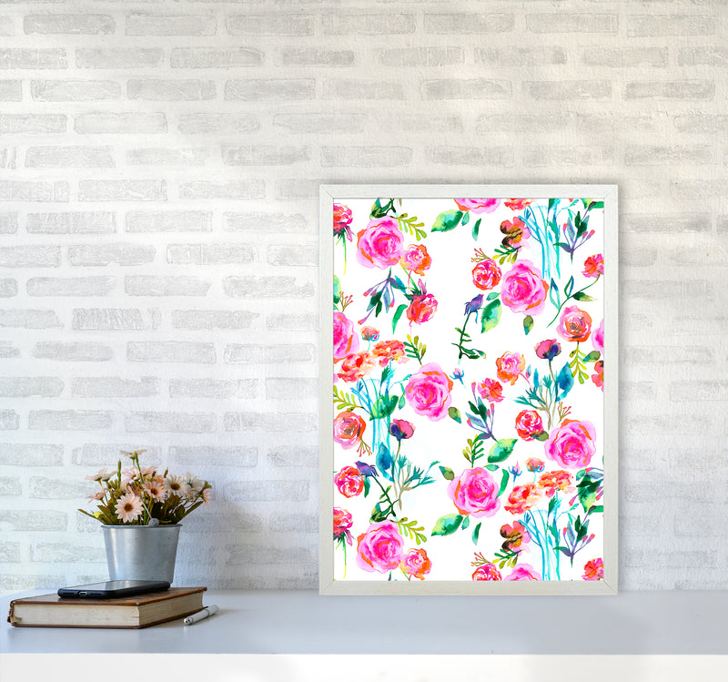 Roses Bouquet Pink Abstract Art Print by Ninola Design A2 Oak Frame