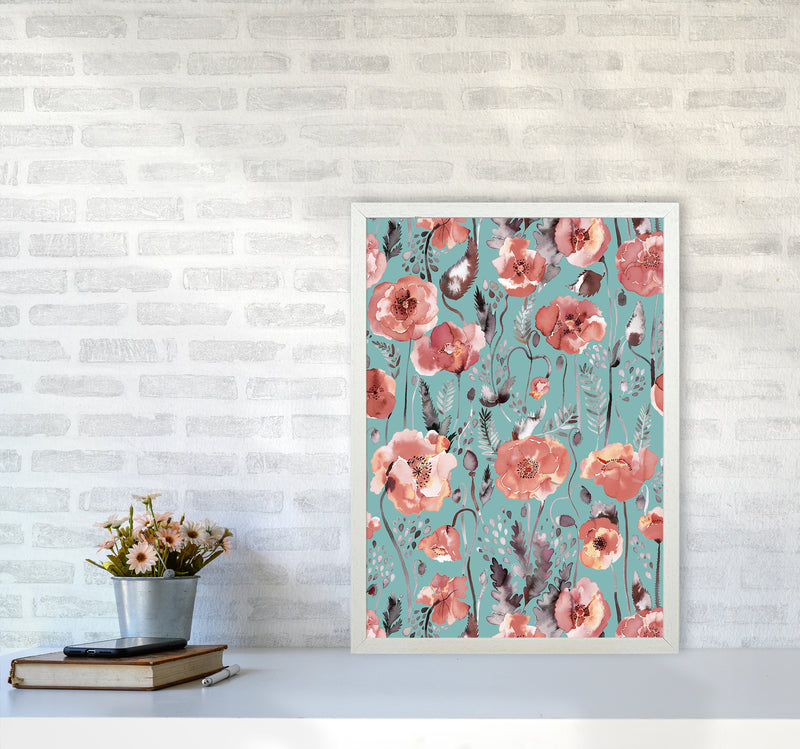 Poppies Red Green Abstract Art Print by Ninola Design A2 Oak Frame