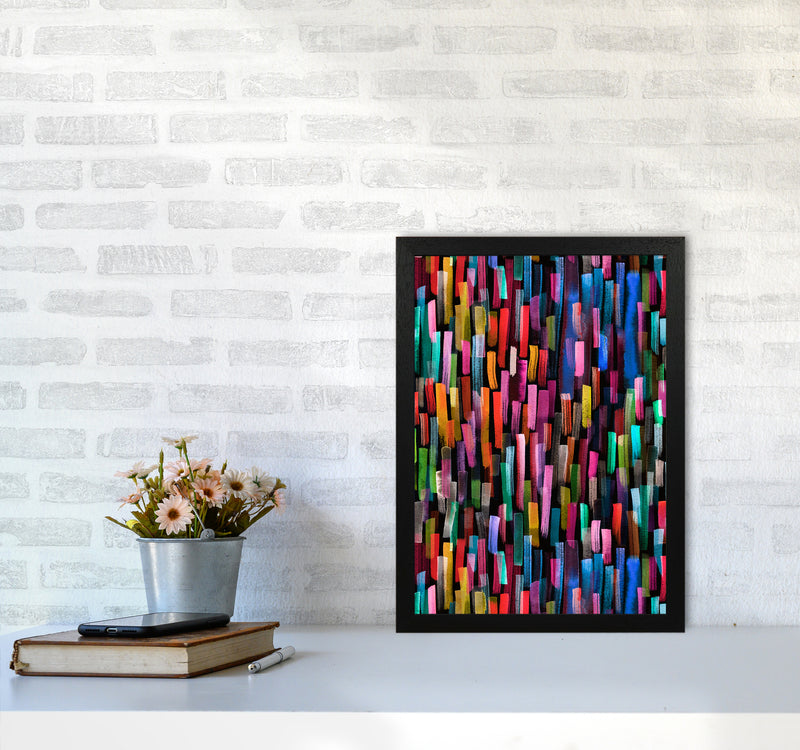 Colorful Brushstrokes Black Abstract Art Print by Ninola Design A3 White Frame