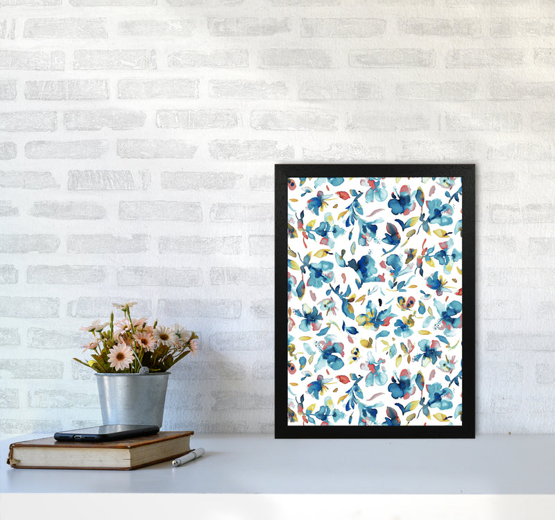 Watery Hibiscus Blue Gold Abstract Art Print by Ninola Design A3 White Frame