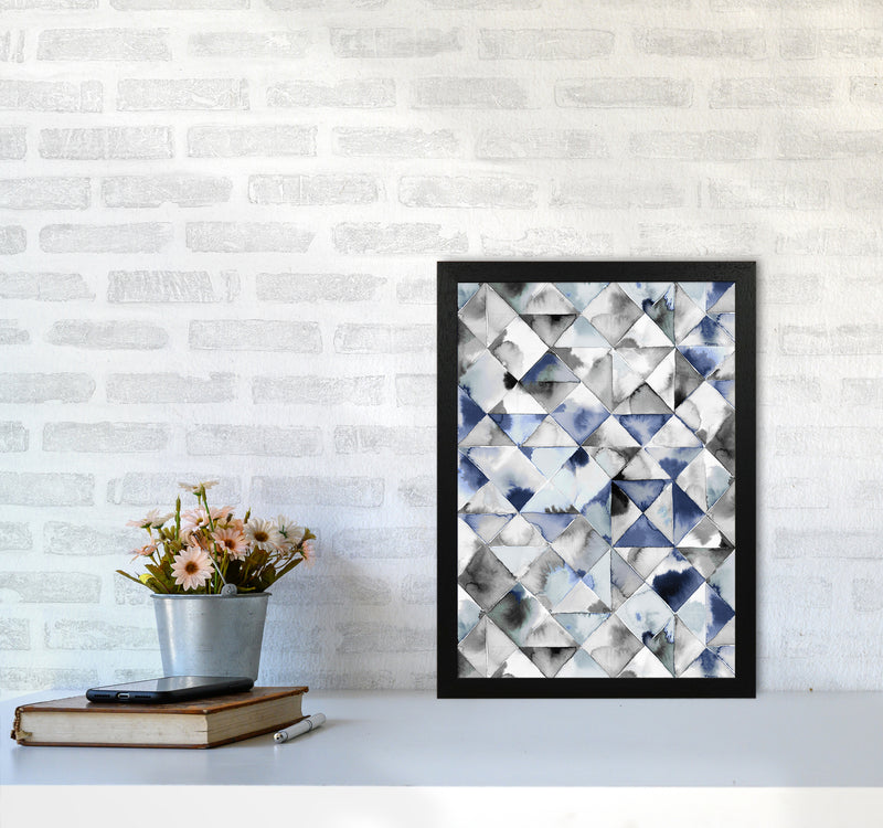 Moody Triangles Cold Blue Abstract Art Print by Ninola Design A3 White Frame