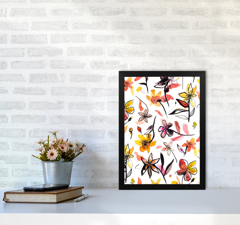 Ink Flowers Yellow Abstract Art Print by Ninola Design A3 White Frame
