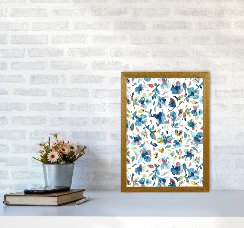 Watery Hibiscus Blue Gold Abstract Art Print by Ninola Design A3 Print Only