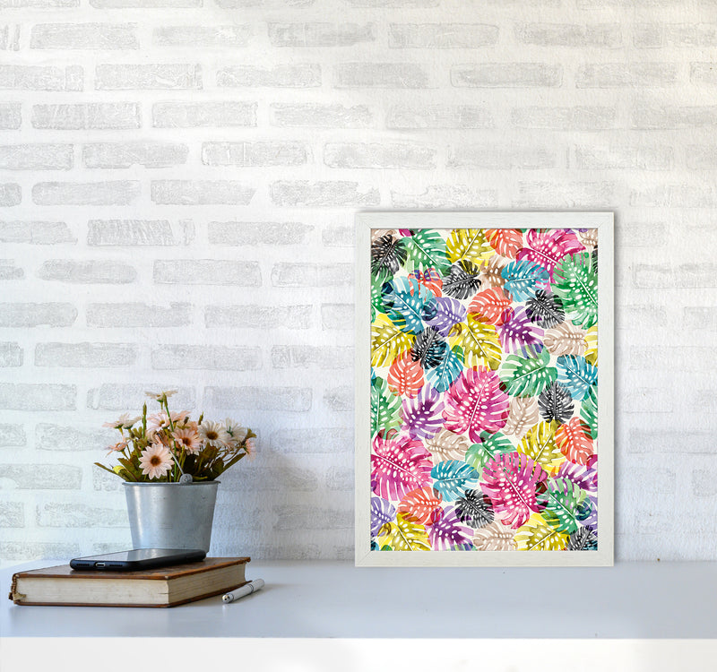 Tropical Monstera Leaves Multicolored Abstract Art Print by Ninola Design A3 Oak Frame
