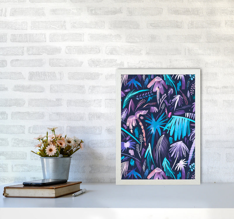 Brushstrokes Tropical Palms Navy Abstract Art Print by Ninola Design A3 Oak Frame