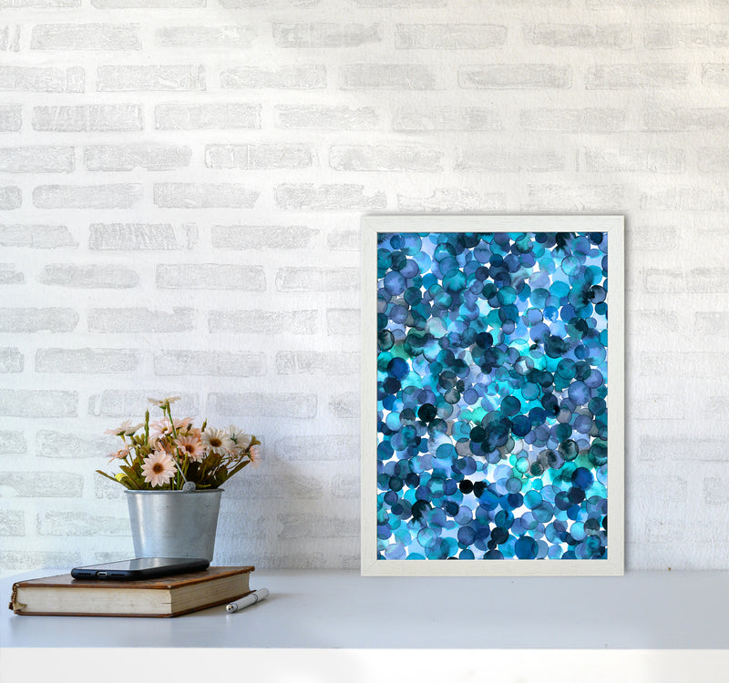 Overlapped Watercolor Dots Blue Abstract Art Print by Ninola Design A3 Oak Frame