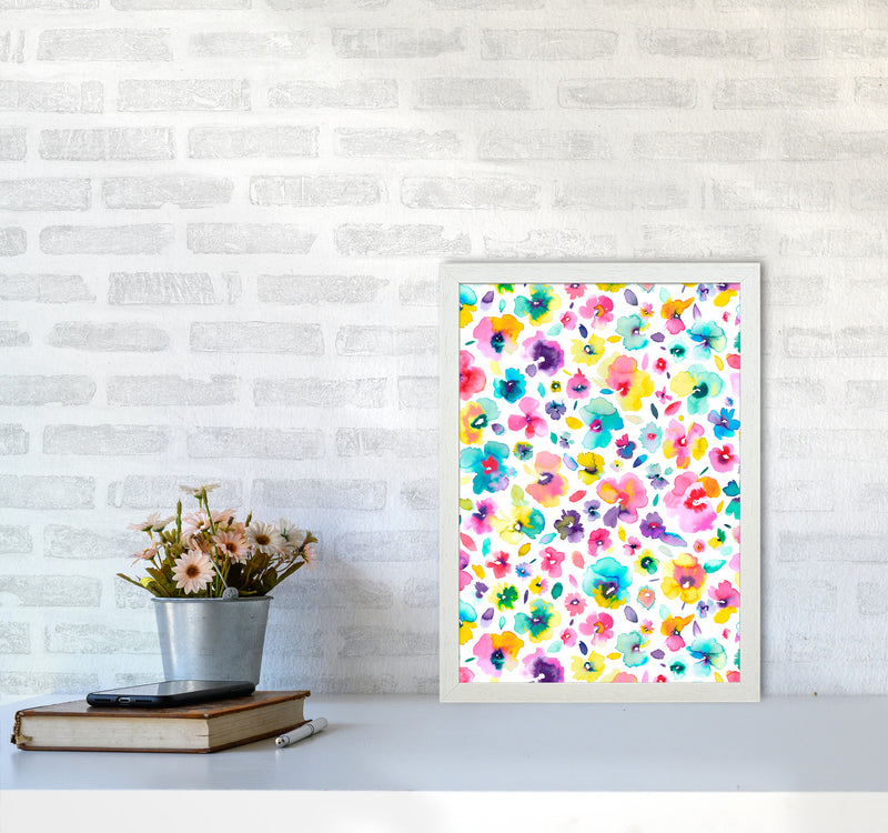 Tropical Flowers Multicolored Abstract Art Print by Ninola Design A3 Oak Frame