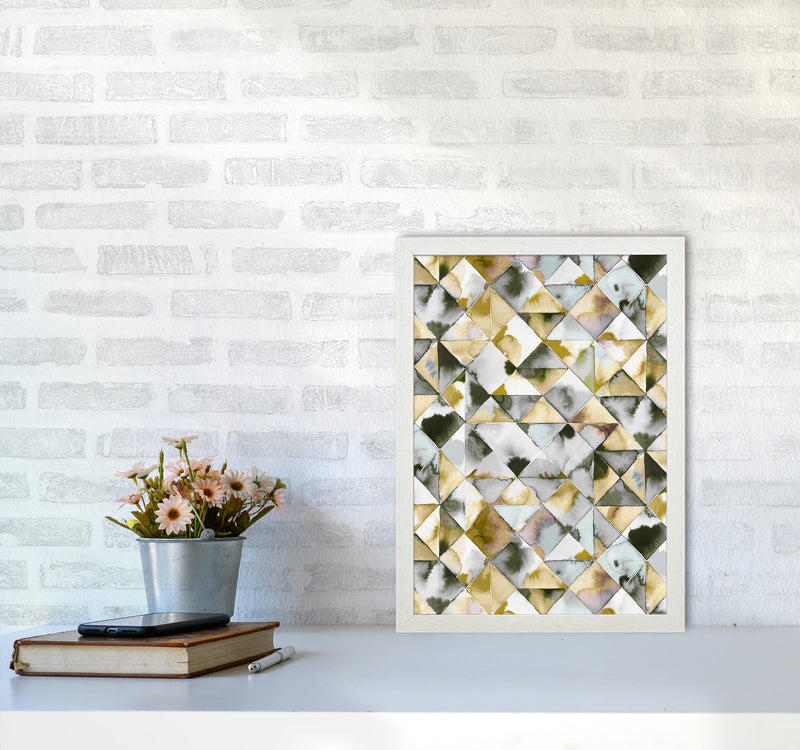 Moody Triangles Gold Silver Abstract Art Print by Ninola Design A3 Oak Frame