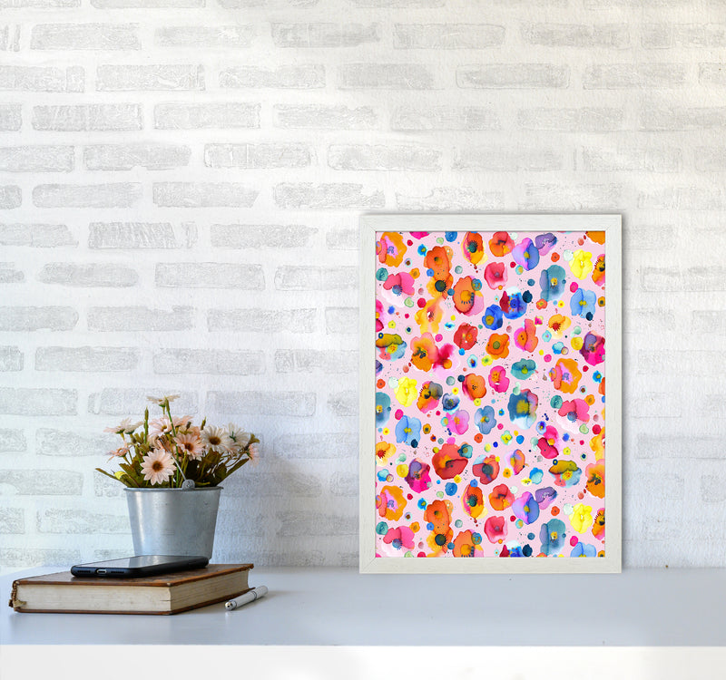 Bohemian Naive Flowers Pink Abstract Art Print by Ninola Design A3 Oak Frame