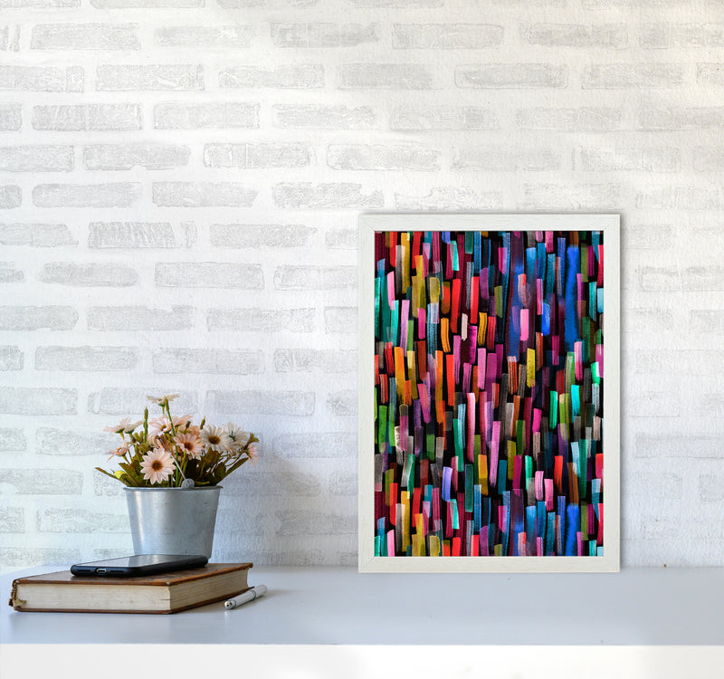Colorful Brushstrokes Black Abstract Art Print by Ninola Design A3 Oak Frame