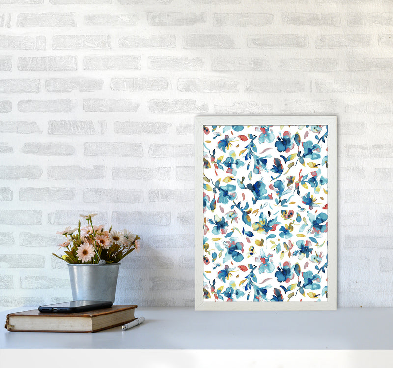 Watery Hibiscus Blue Gold Abstract Art Print by Ninola Design A3 Oak Frame