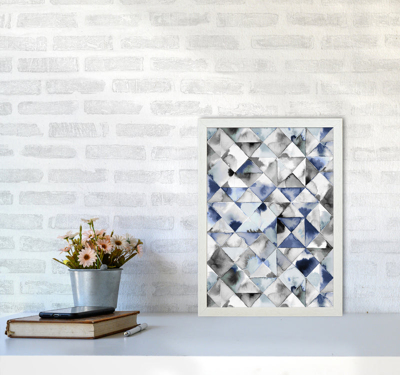 Moody Triangles Cold Blue Abstract Art Print by Ninola Design A3 Oak Frame
