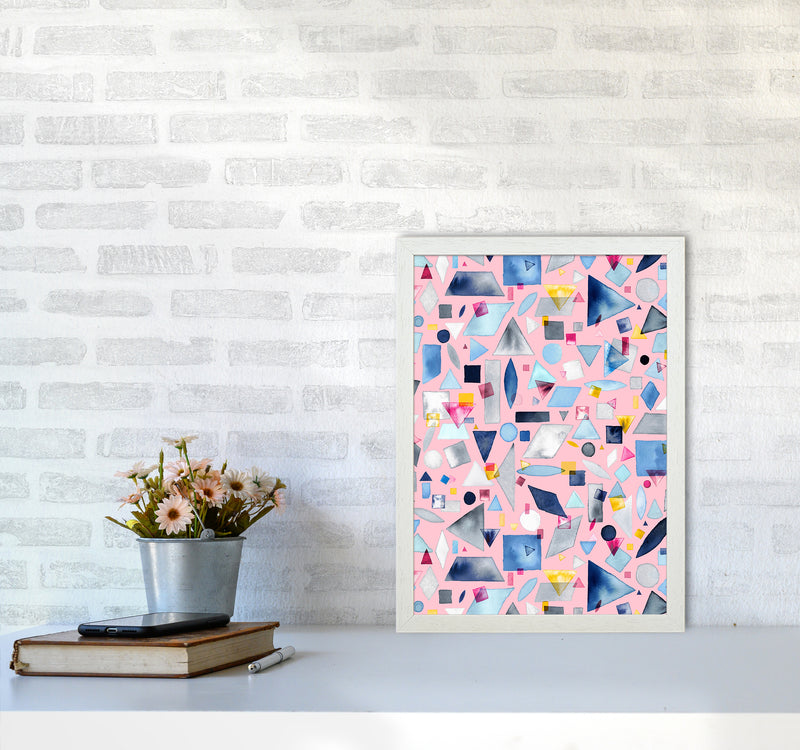 Geometric Pieces Pink Abstract Art Print by Ninola Design A3 Oak Frame