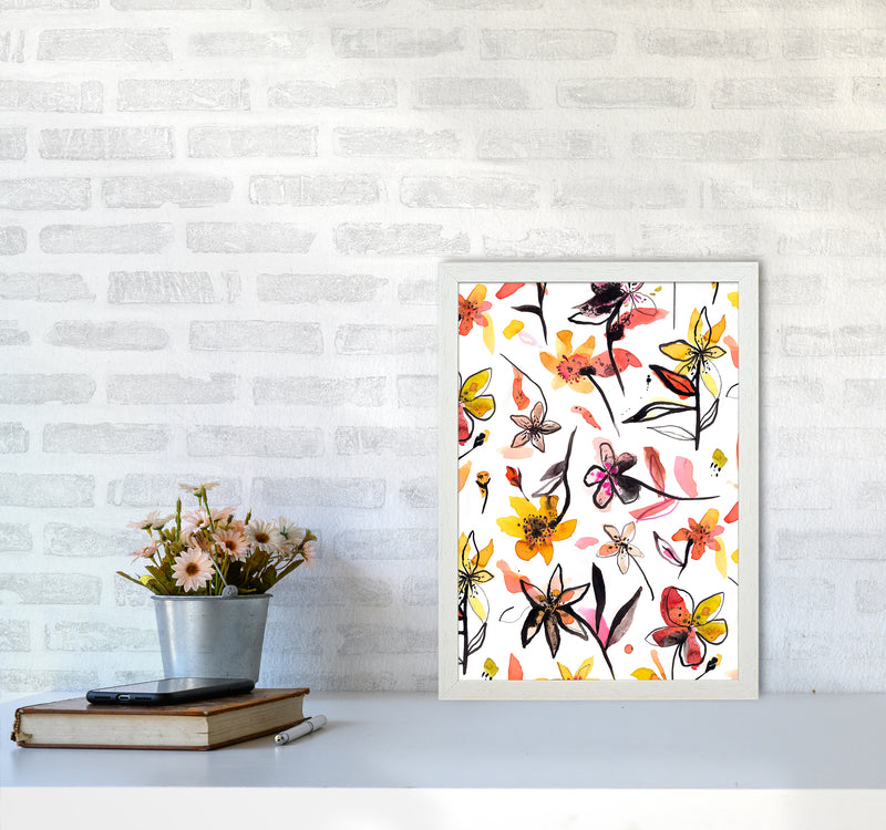 Ink Flowers Yellow Abstract Art Print by Ninola Design A3 Oak Frame