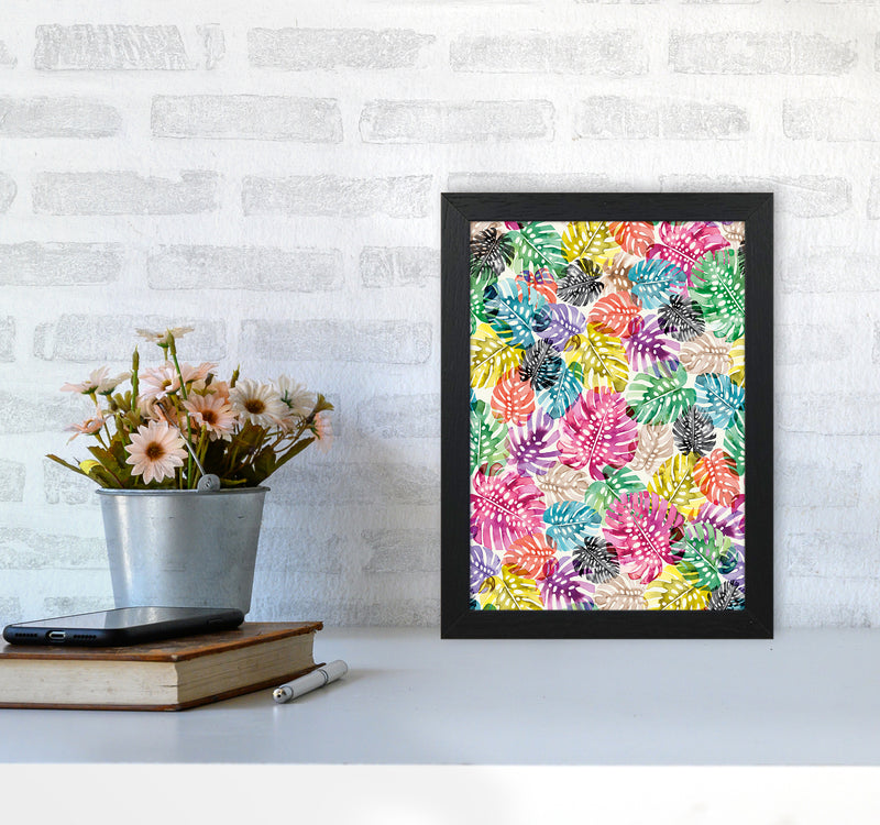 Tropical Monstera Leaves Multicolored Abstract Art Print by Ninola Design A4 White Frame