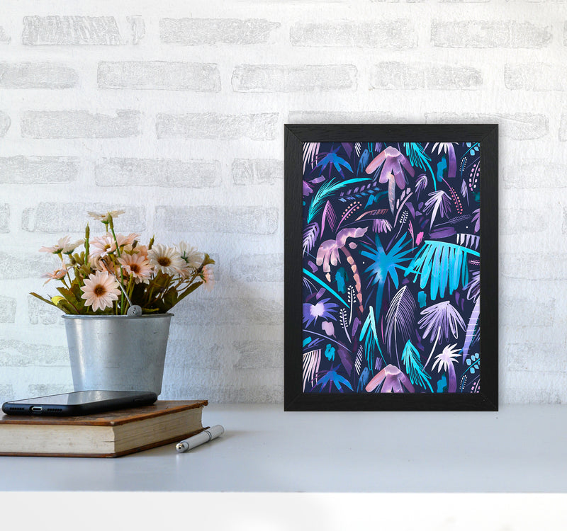 Brushstrokes Tropical Palms Navy Abstract Art Print by Ninola Design A4 White Frame