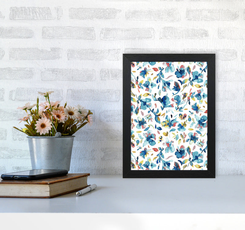 Watery Hibiscus Blue Gold Abstract Art Print by Ninola Design A4 White Frame