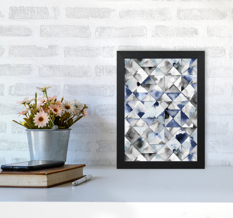 Moody Triangles Cold Blue Abstract Art Print by Ninola Design A4 White Frame