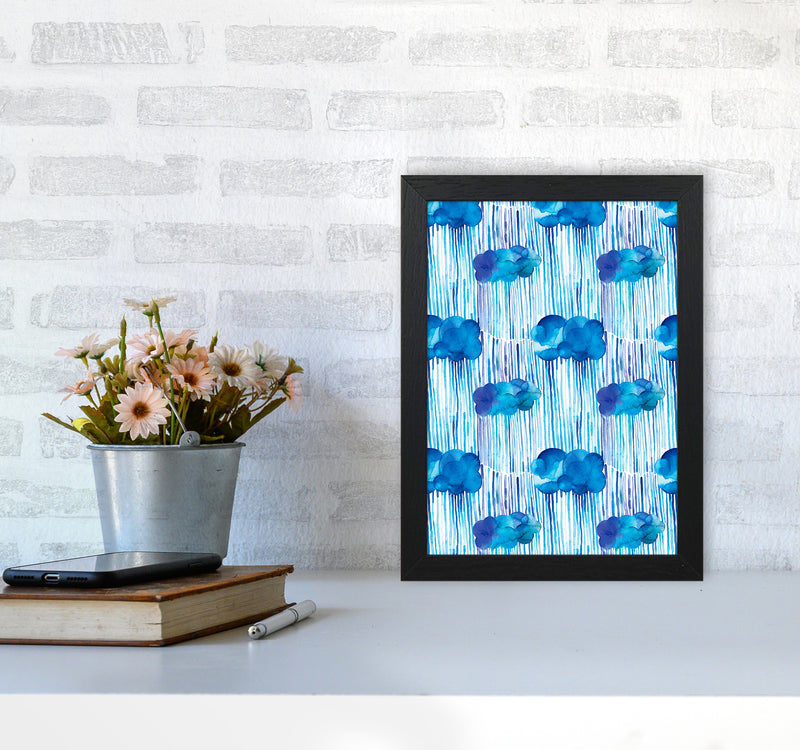 Raining Clouds Blue Abstract Art Print by Ninola Design A4 White Frame