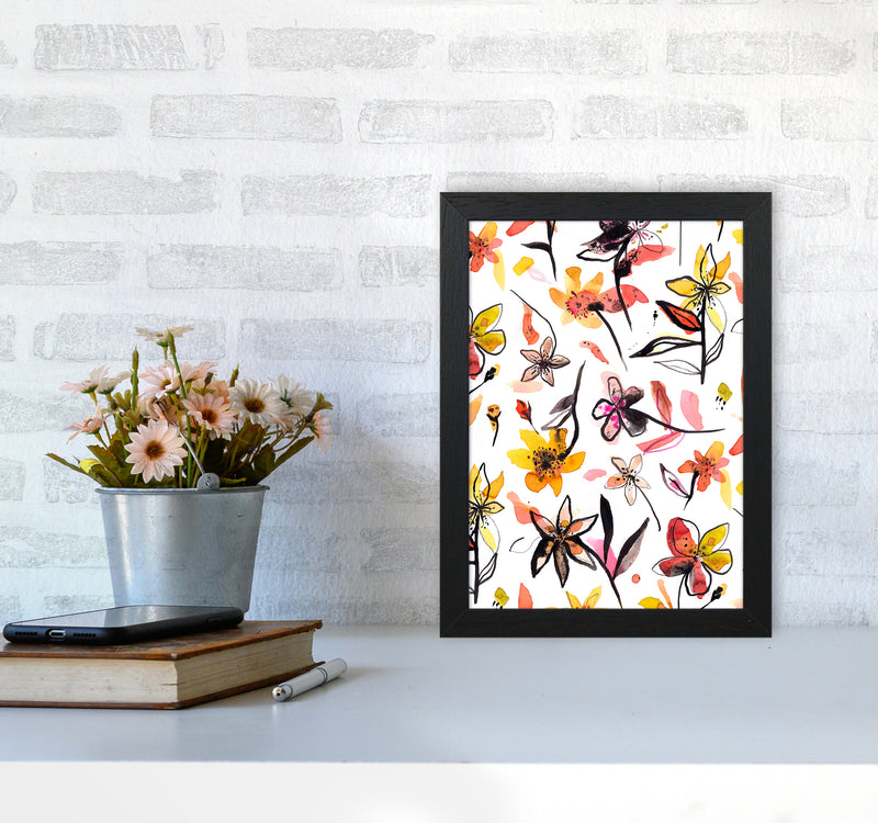 Ink Flowers Yellow Abstract Art Print by Ninola Design A4 White Frame