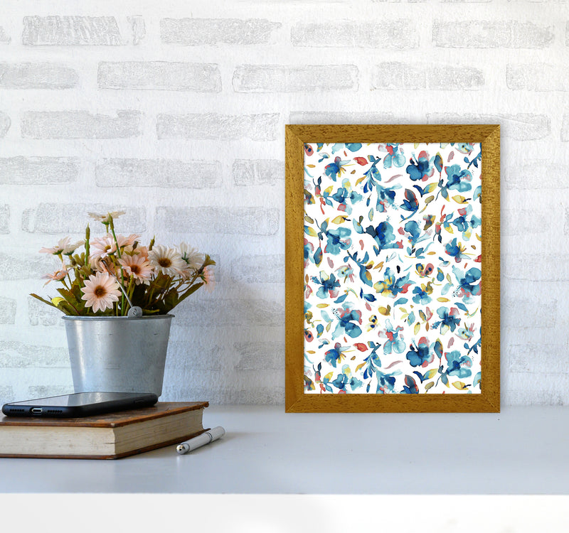Watery Hibiscus Blue Gold Abstract Art Print by Ninola Design A4 Print Only