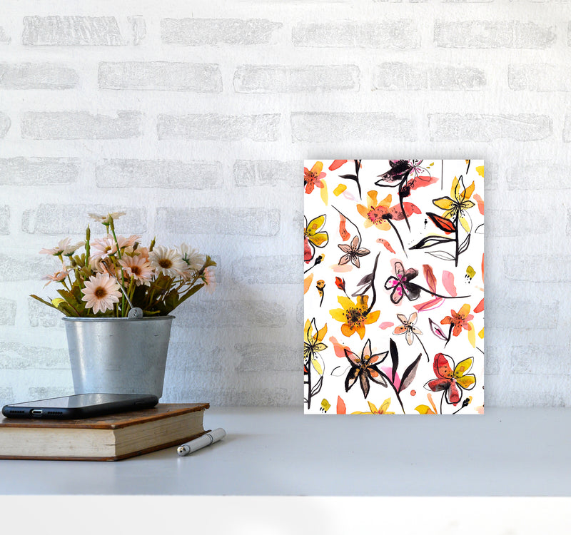 Ink Flowers Yellow Abstract Art Print by Ninola Design A4 Black Frame