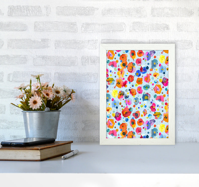 Bohemian Naive Flowers Blue Abstract Art Print by Ninola Design A4 Oak Frame