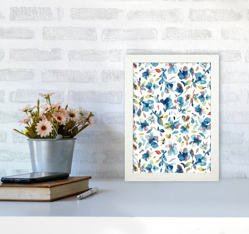 Watery Hibiscus Blue Gold Abstract Art Print by Ninola Design A4 Oak Frame