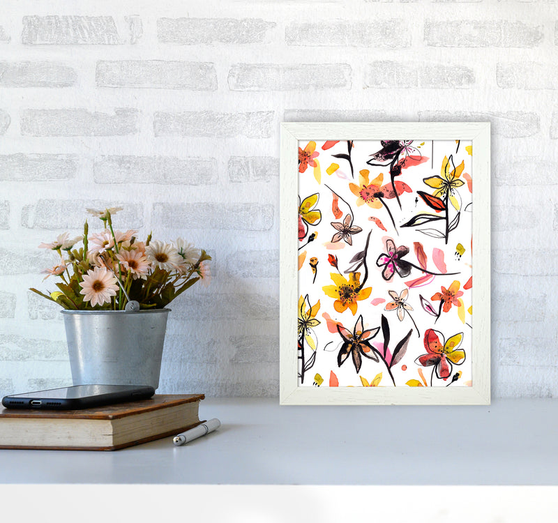 Ink Flowers Yellow Abstract Art Print by Ninola Design A4 Oak Frame