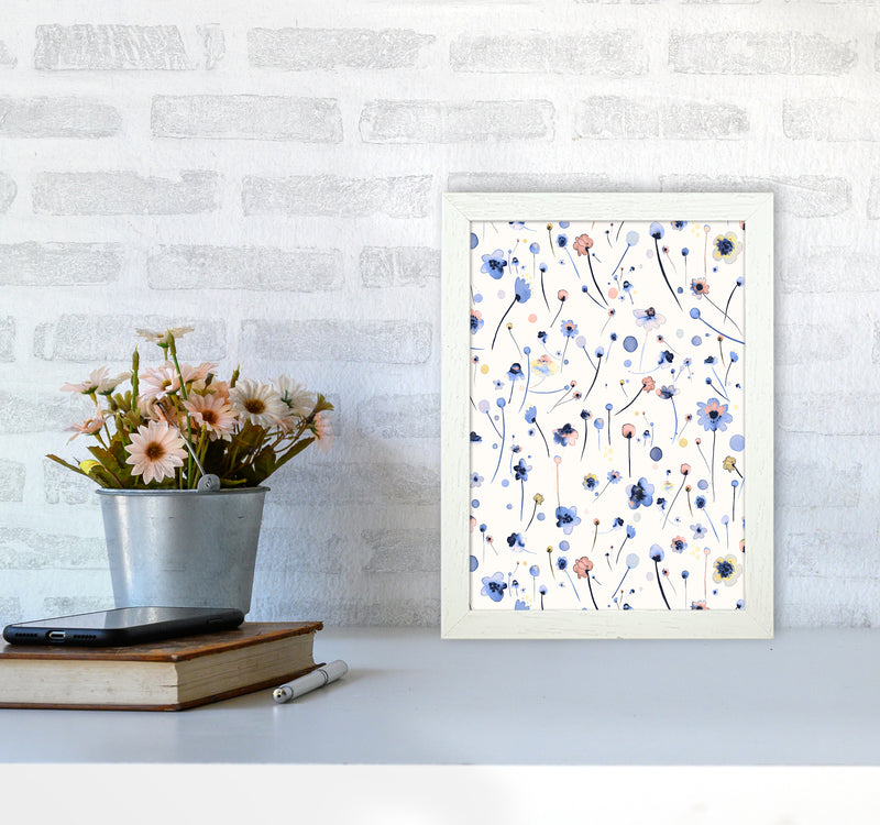 Blue Soft Flowers Abstract Art Print by Ninola Design A4 Oak Frame